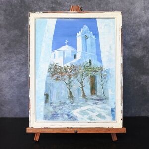 Vintage Original Oil Painting Greece Santorini Church Shabby Chic Artwork